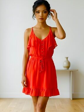 Double zero orange summer vacation T-back dress. Elastic waist tie‎ belt